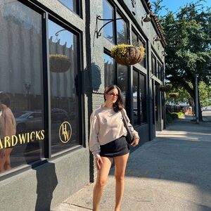 Beige Sweater and Black Shorts Outfit